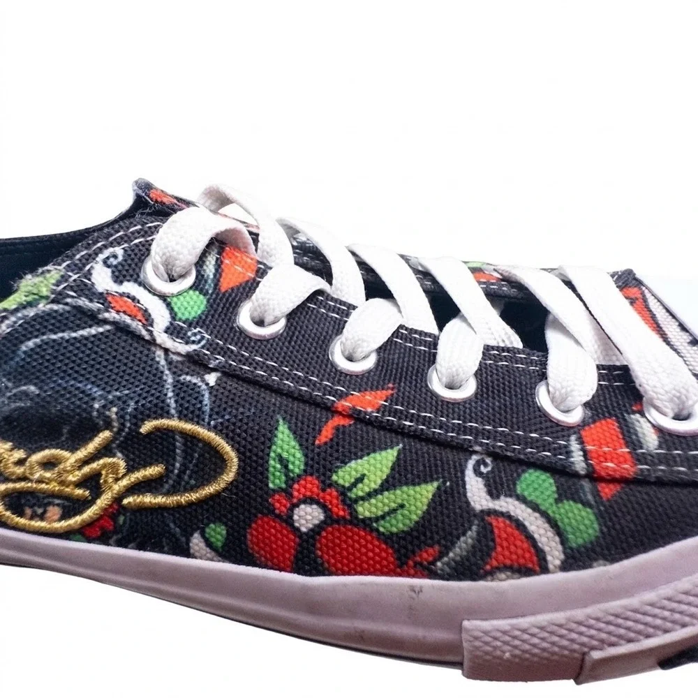 Y2K Ed Hardy Mens Tattoo Flash Graphic Print Canvas Low-Top Sneakers Black Sz 9